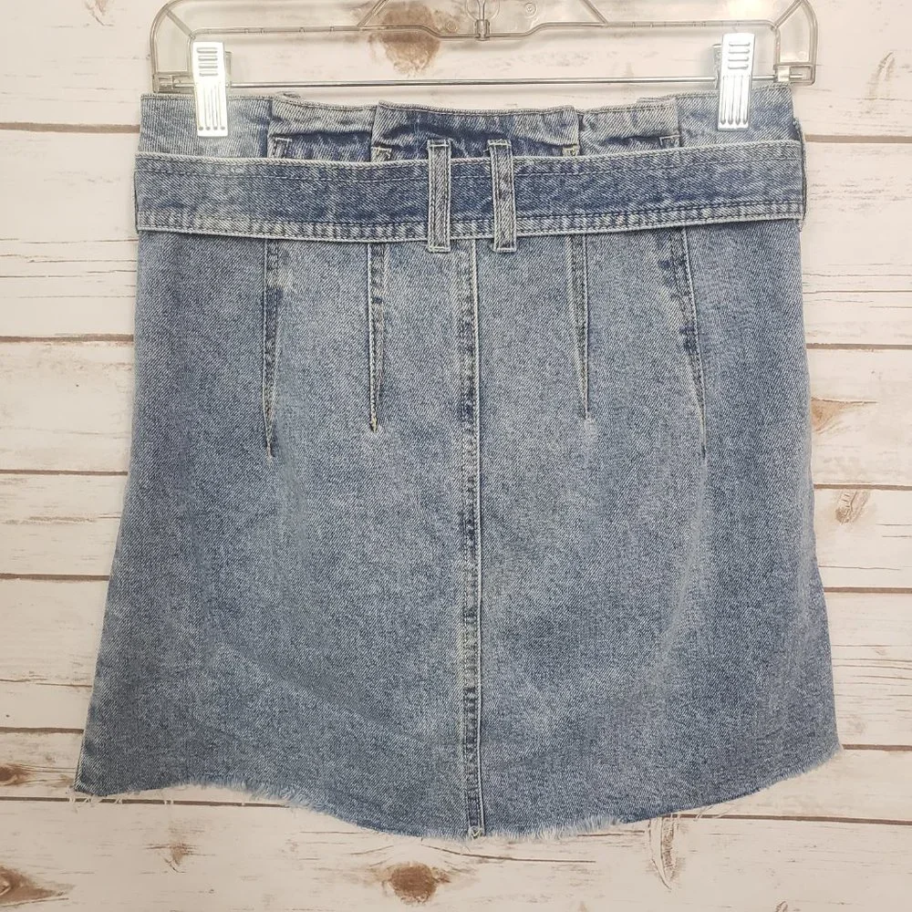We The Free East of Eden Blue Denim Paperbag Skirt Button Fly Raw Hem Size 26 - Picture 8 of 12
